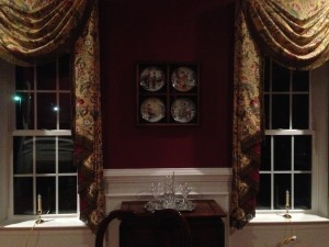 Dining Room - the first room to have something hung on the walls.  Except for this collection of plates, I'm afraid to hang anything in case I don't like where I hang it.  I knew that was the only place for those plates.  I love them there between the windows.  Anna and Kim, the Waterford martini set is as useful as ever!  For the record, it's an illusion that the candles are not centered in the windows -- I swear!