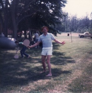 My husband, John, taking a moment from a backyard game of Kadima to pose for the camera.  So many, many family and friend picnics, crab pickings, and fish fries took place in the backyard of my parents' home.